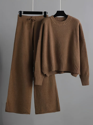 Herfst- en Wintermode Gebreide Set Dames Losse Trui & Wijde Broek Twee-Delige Set
